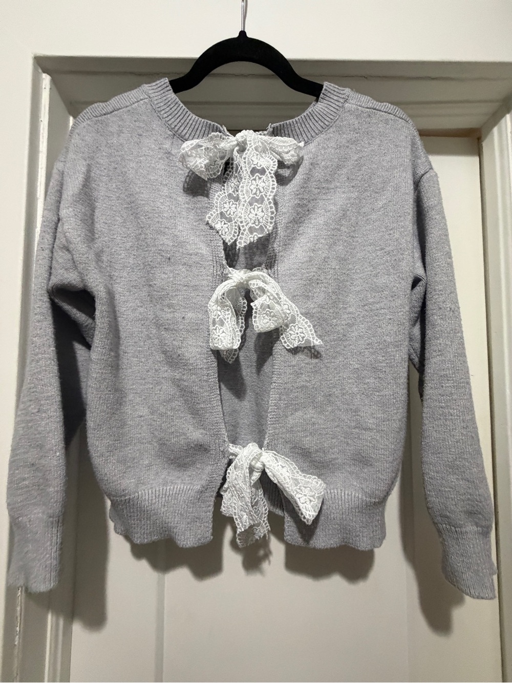 Light Gray Lace-Tie Back Knit Cardigan Sweater